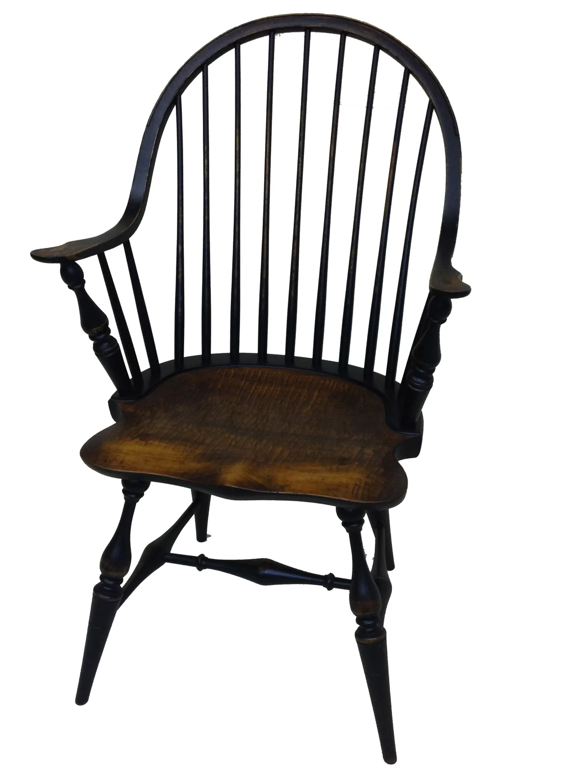 Continuous arm Windsor chair, hand-finished in black over a red historical ground