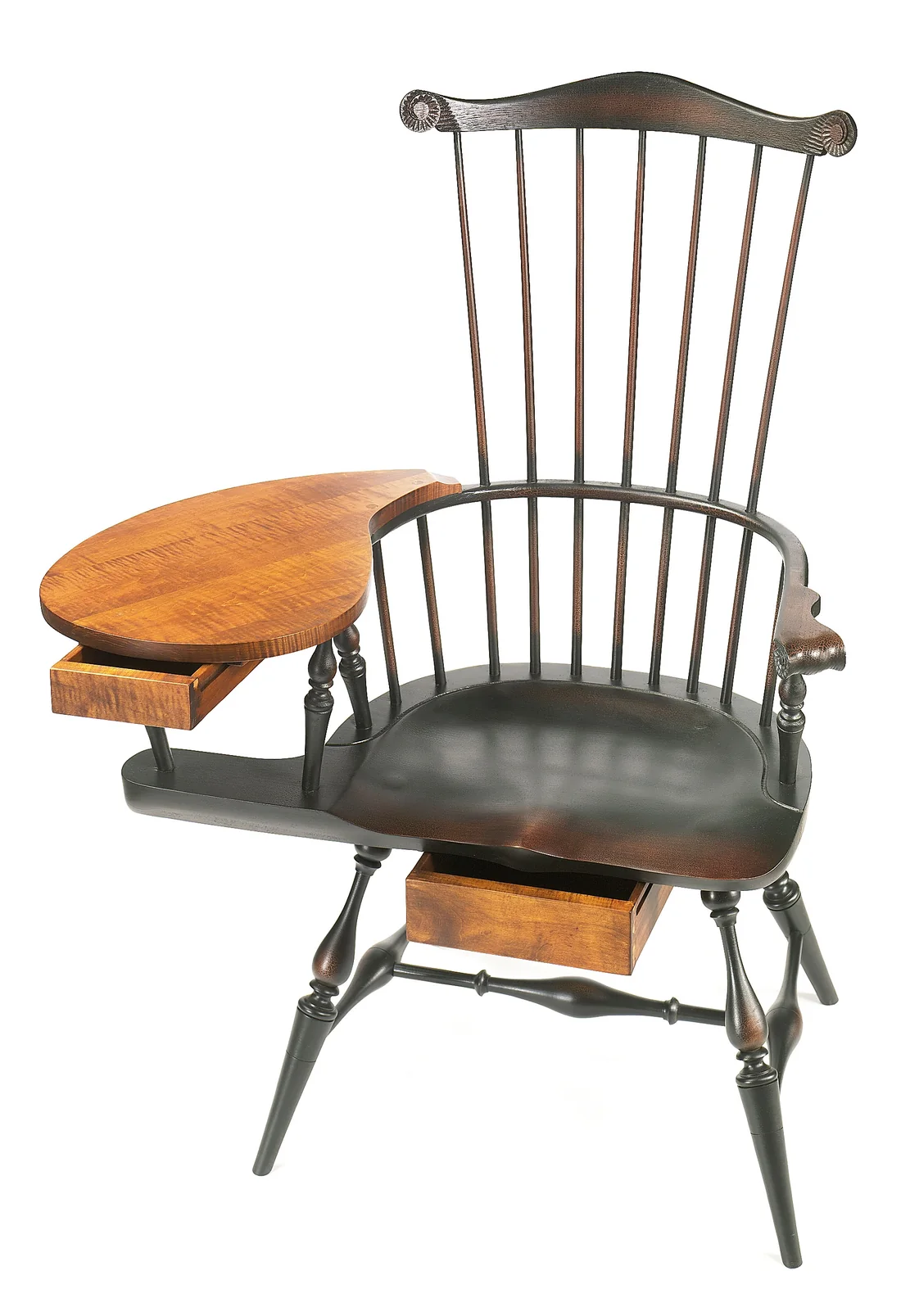 Writing arm Windsor chair with a paddle arm and drawer beneath